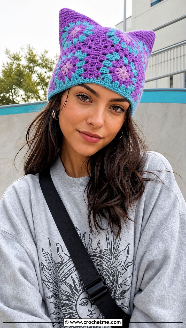 Cat Ear Granny Square Hat With Graphic Sweatshirt - 20 Granny Crochet Hat outfit ideas