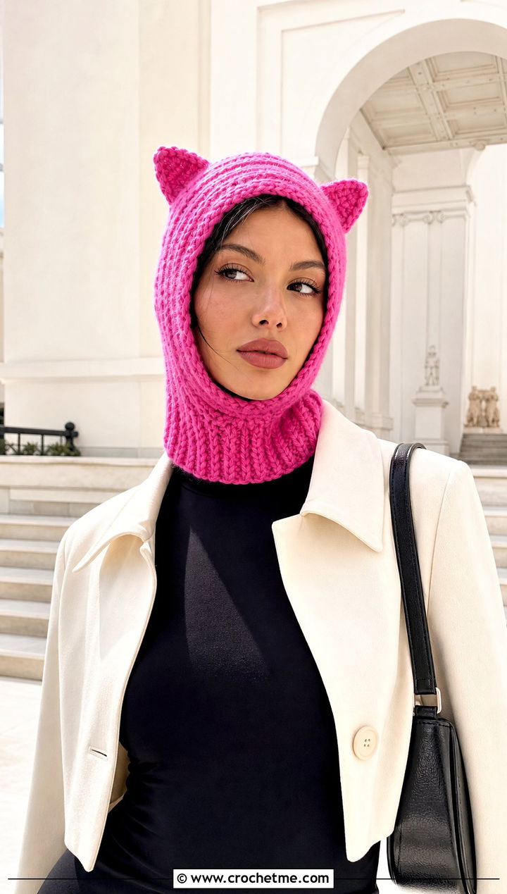 Cat Ear Hooded Crochet Balaclava With Mini Skirt - 30 hooded crochet balaclava outfit ideas