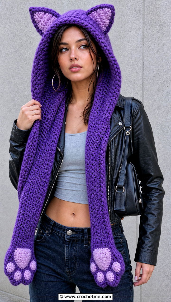 Cat Ear Hooded Crochet Scarf With Leather Jacket - 15 Funny Crochet Scarf outfit ideas