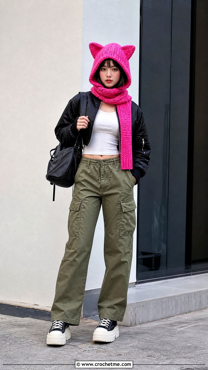 Cat Ear Hooded Scarf With Cargo Pants - 35 crochet hooded scarf outfit ideas