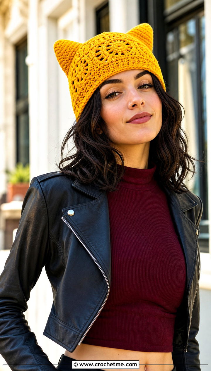 Cat Ear Magic Circle Crochet Beanie With Moto Outfit - 25 Crochet Beanie Magic Circle outfit ideas