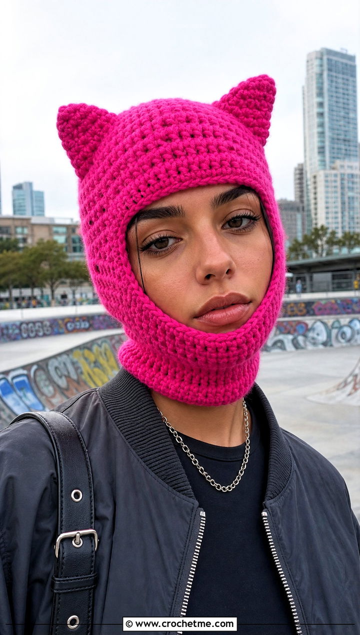Cat Ear Pink Crochet Balaclava With Cargo Pants - 25 Pink Crochet Balaclava outfit ideas