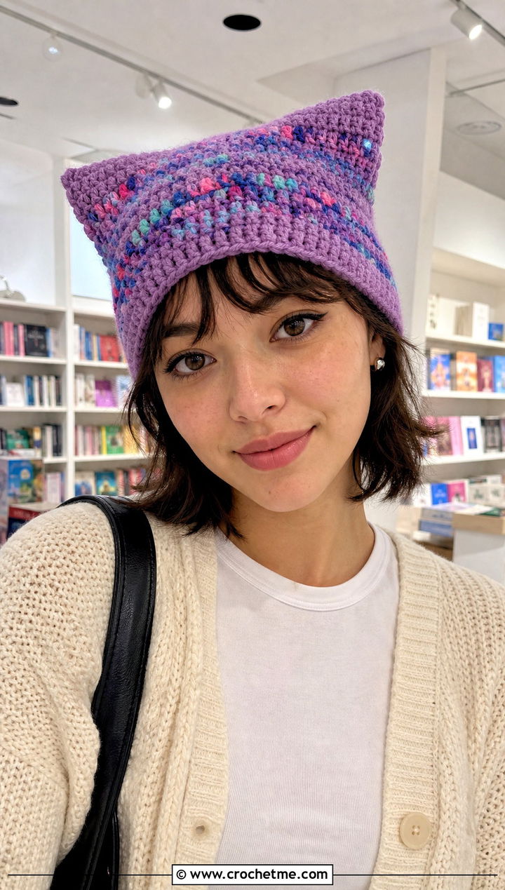 Cat Ear Scrap Yarn Crochet Beanie With Mini Skirt - 30 scrap yarn crochet beanie outfit ideas