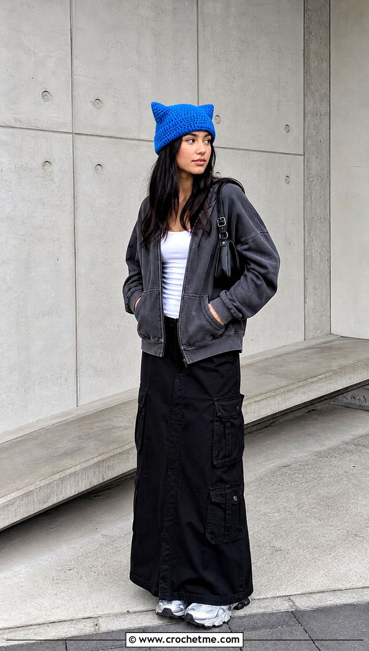 Cat Ear Single Crochet Beanie With Oversized Hoodie And Cargo Skirt - 35 single crochet beanie outfit ideas
