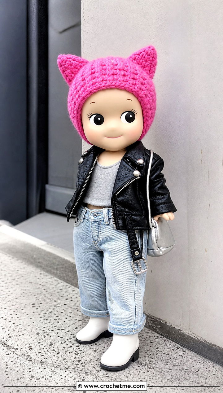 Cat Ear Sonny Angel Crochet Hat With Leather Jacket - 30 sonny angel crochet hat outfit ideas
