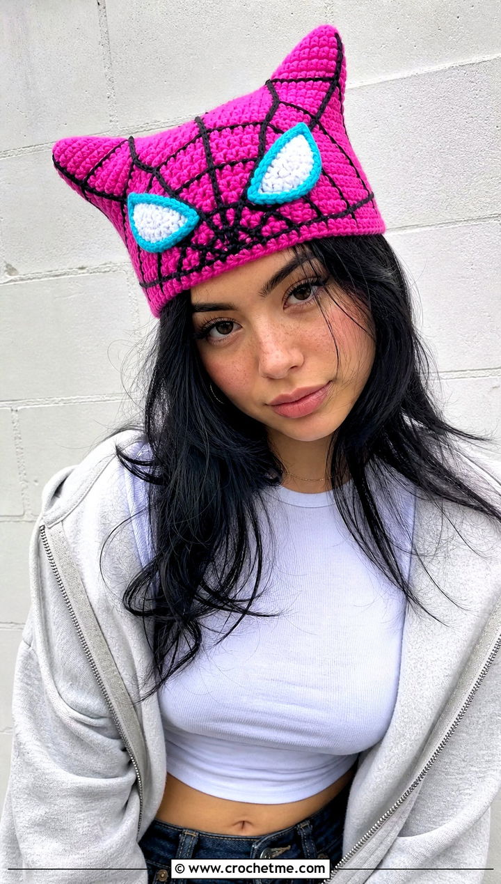 Cat Ear Spider Man Beanie With Wide Leg Jeans - 15 Crocheted Spider Man Hat outfit ideas