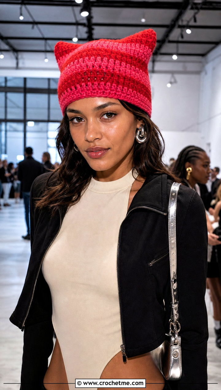 Cat Ear Striped Crochet Beanie With Satin Skirt - 15 Crochet Striped Beanies outfit ideas