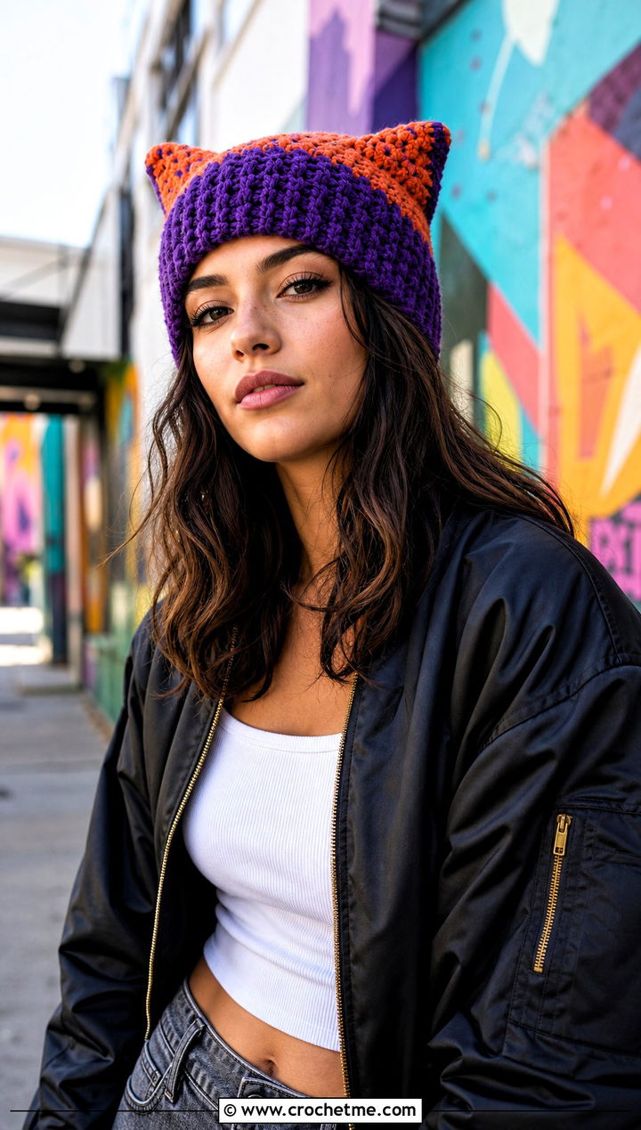 Cat Ear Two Color Crochet Beanie With Bomber Jacket - 30 2 color crochet beanie hat outfit ideas