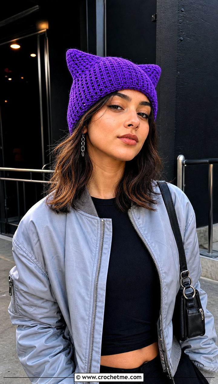 Cat Ear Waffle Crochet Beanie With Bomber Jacket - 20 Waffle Crochet Hat outfit ideas
