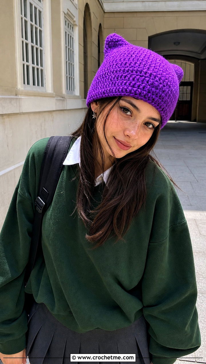 Cat Ear Worsted Crochet Beanie With Sweatshirt And Pleated Skirt - 15 Worsted Crochet Beanie outfit ideas