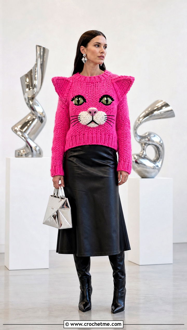 Cat Face Amigurumi Sweater With Leather Midi Skirt - 30 amigurumi sweater outfit ideas
