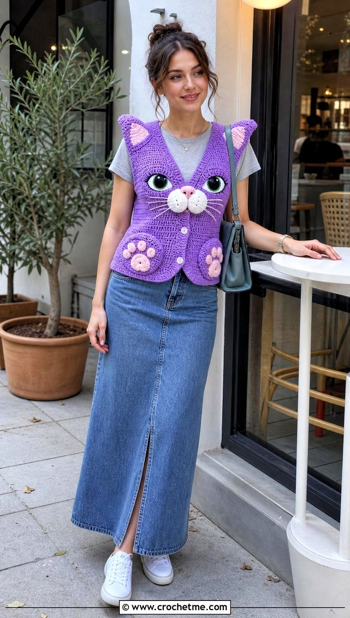 Cat Face Crochet Amigurumi Vest With Denim Maxi Skirt - 15 Crochet Amigurumi Vest outfit ideas