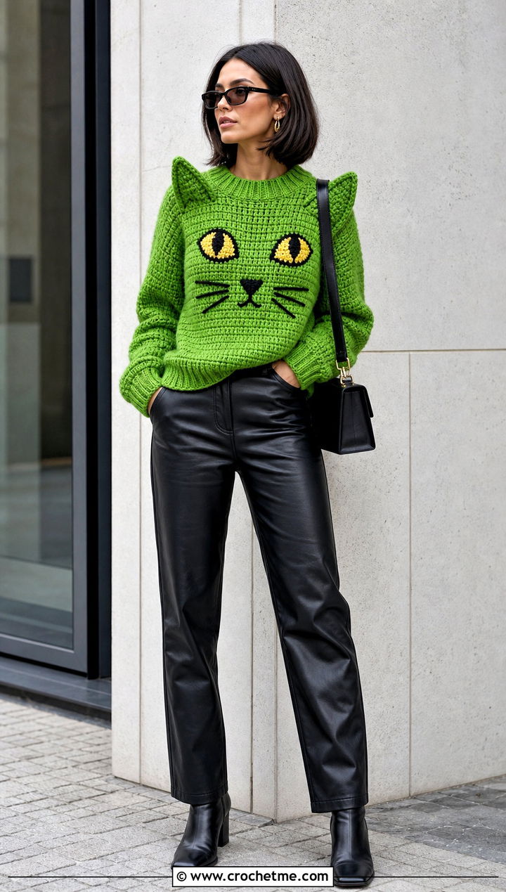 Cat Face Crochet Sweater With Leather Pants - 20 Funny Crochet Clothes and outfit ideas