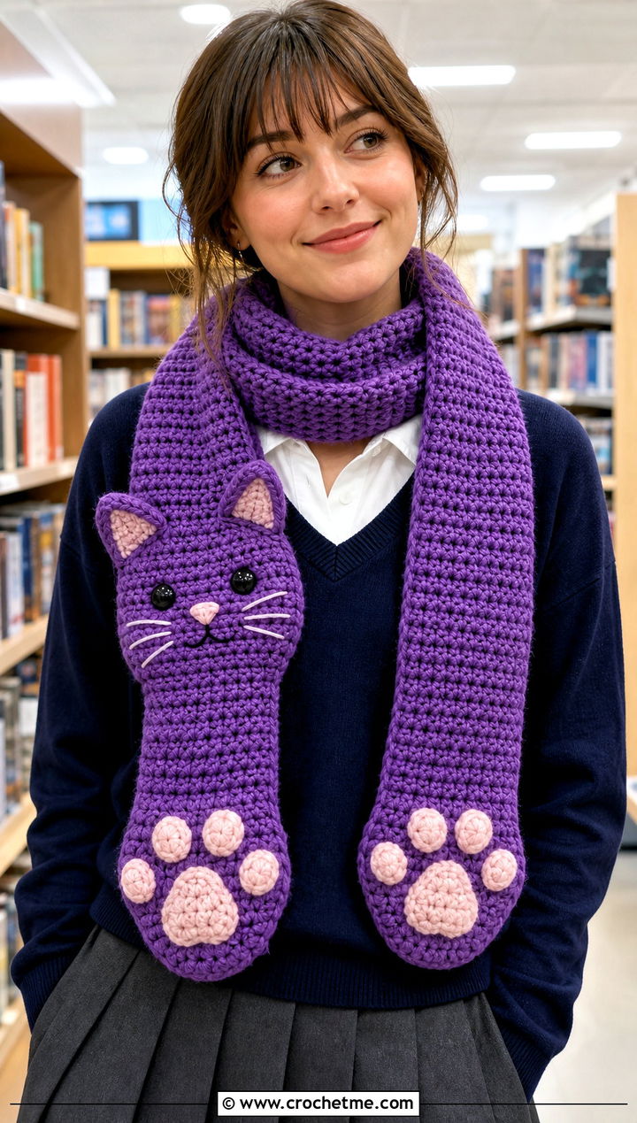 Cat Paw Crochet Scarf With Preppy Outfit - 15 Funny Crochet Scarves outfit ideas