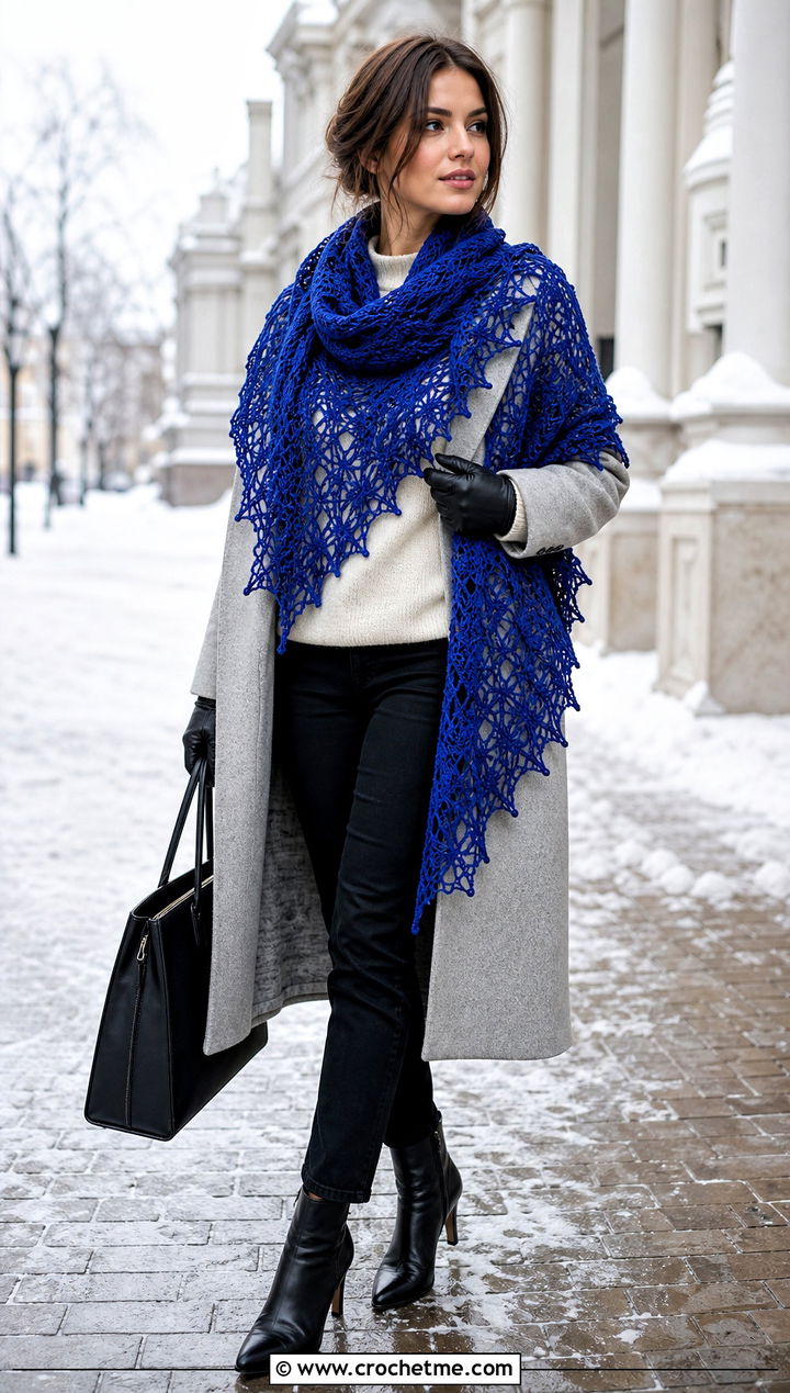 Cathedral Lace Shawl With Wool Coat And Straight Jeans - 25 Victorian Crochet Shawl outfit ideas