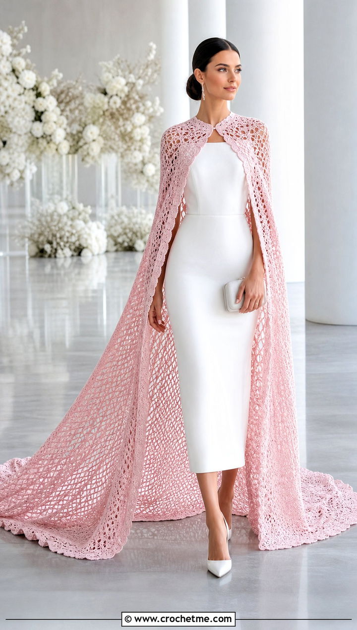 Cathedral Length Crochet Cape With Minimalist Wedding Dress - 25 Crochet Wedding Cape outfit ideas