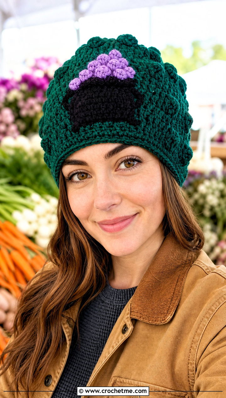Cauldron Bubble Beanie With Workwear Jacket - 25 Halloween Crochet Beanies outfit ideas
