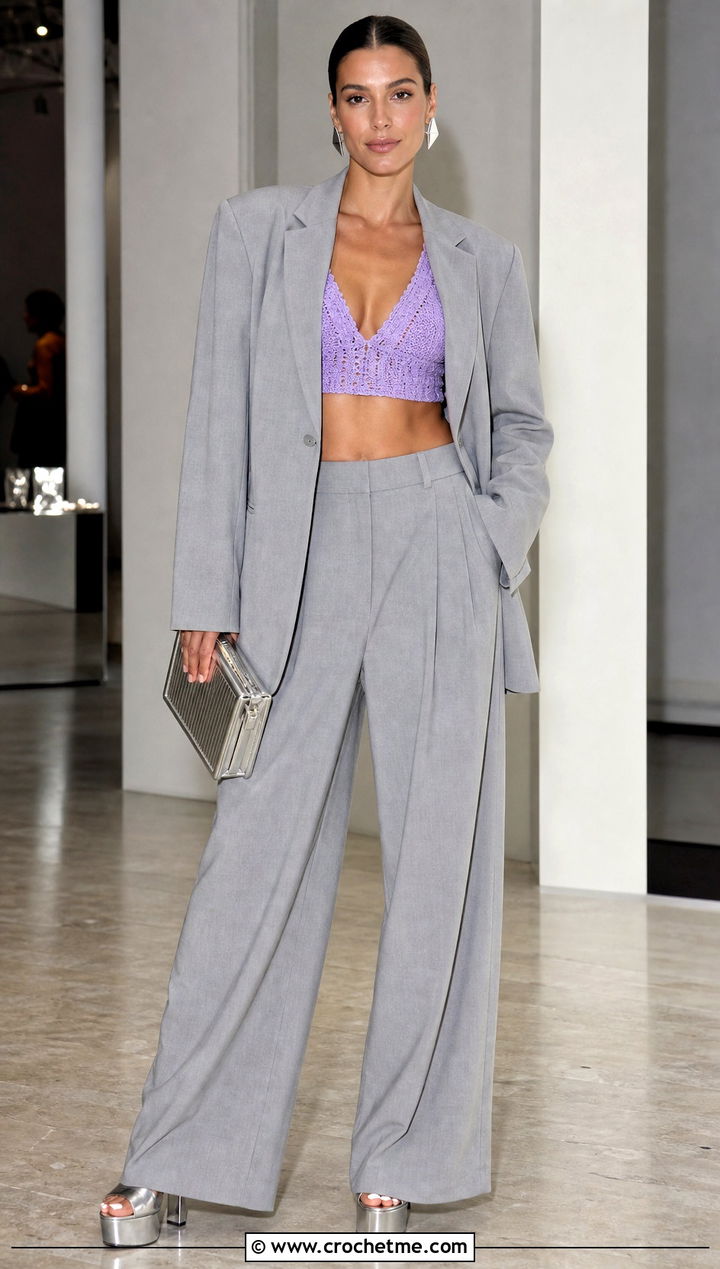 Celebrity Crochet Bralette With Oversized Pantsuit - 30 celebrity crochet outfits ideas