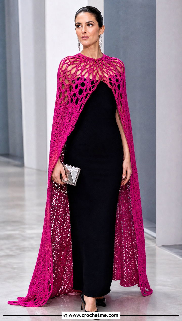 Celebrity Crochet Cape With Column Dress - 30 celebrity crochet outfits ideas