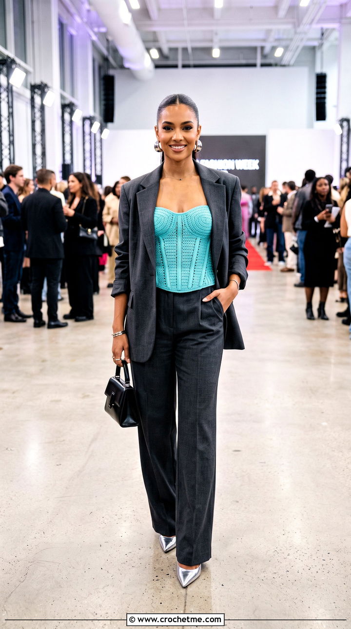 Celebrity Crochet Corset Top With Wide Leg Suit Pants - 30 celebrity crochet outfits ideas