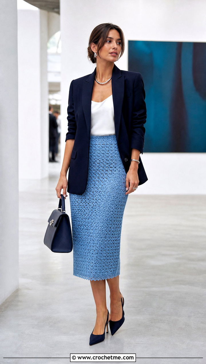Celebrity Crochet Pencil Skirt With Oversized Blazer - 30 celebrity crochet outfits ideas