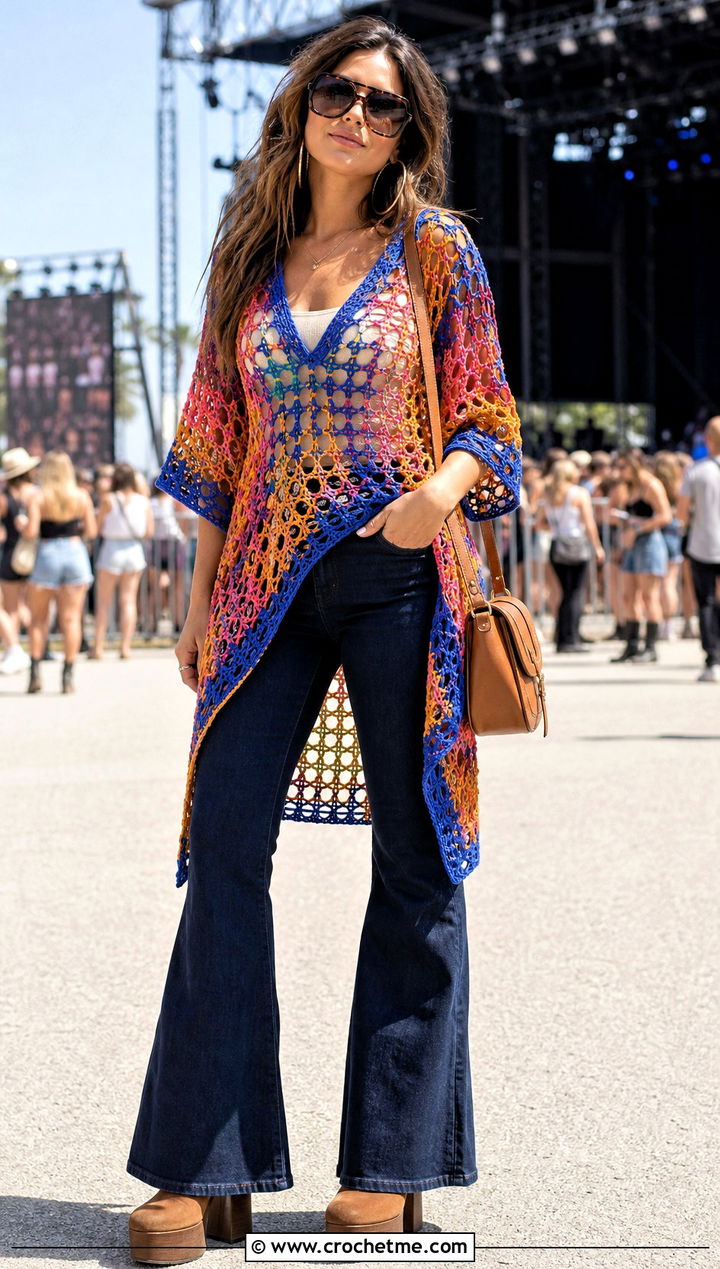Celebrity Crochet Tunic With Flared Jeans - 30 celebrity crochet outfits ideas