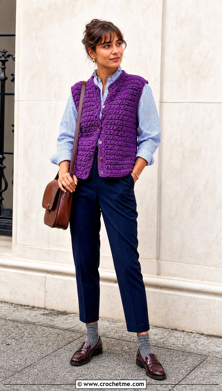 Celebrity Crochet Vest With Striped Shirt And Loafers - 30 celebrity crochet outfits ideas