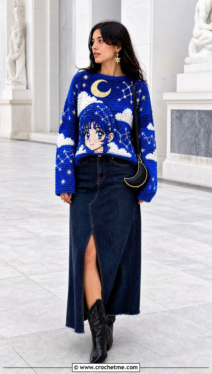 Celestial Anime Crochet Sweater With Denim Maxi Skirt - 30 Anime Crochet Sweater outfit ideas