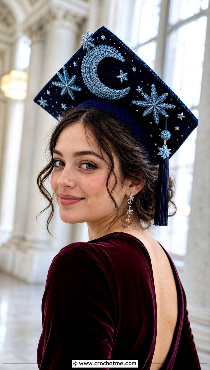 Celestial Crochet Graduation Cap Cover With Velvet Jumpsuit - 30 crochet graduation cap cover outfit ideas