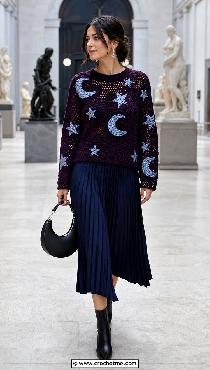 Celestial Crochet Graph Sweater With Pleated Midi Skirt - 30 crochet graph sweater outfit ideas