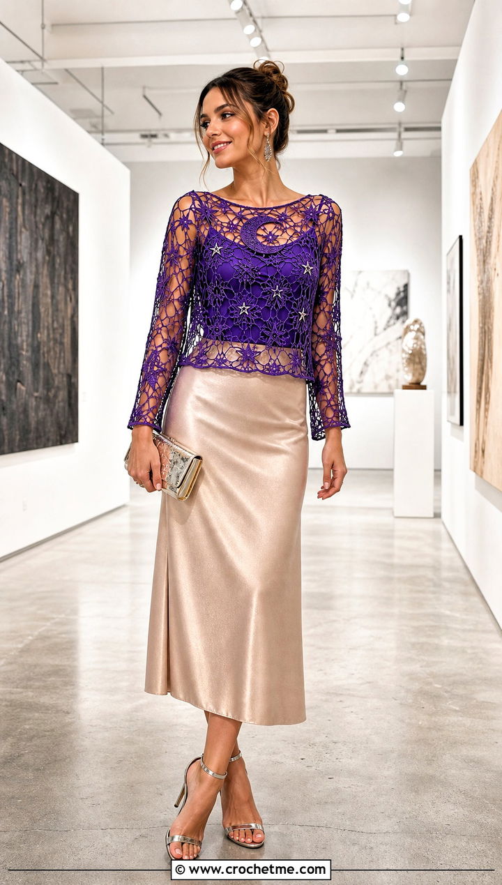 Celestial Crochet Mesh Top With Satin Skirt - 35 fantasy crochet clothes and outfit ideas