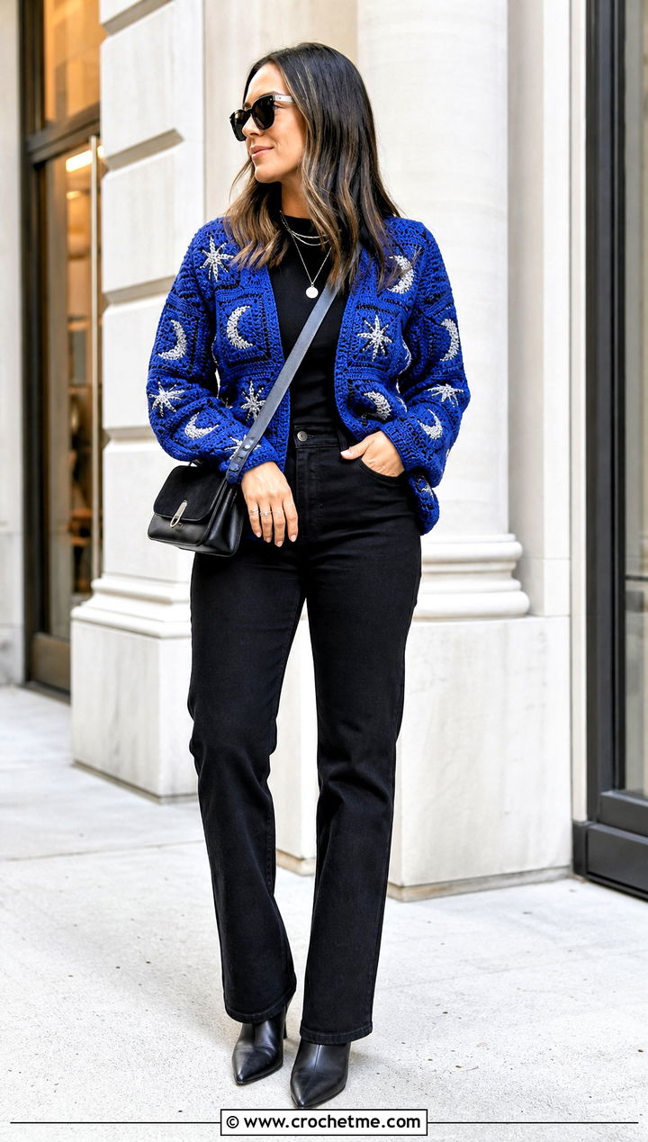 Celestial Granny Square Crochet Cardigan With Black Jeans - 25 witchy crochet cardigan outfit ideas
