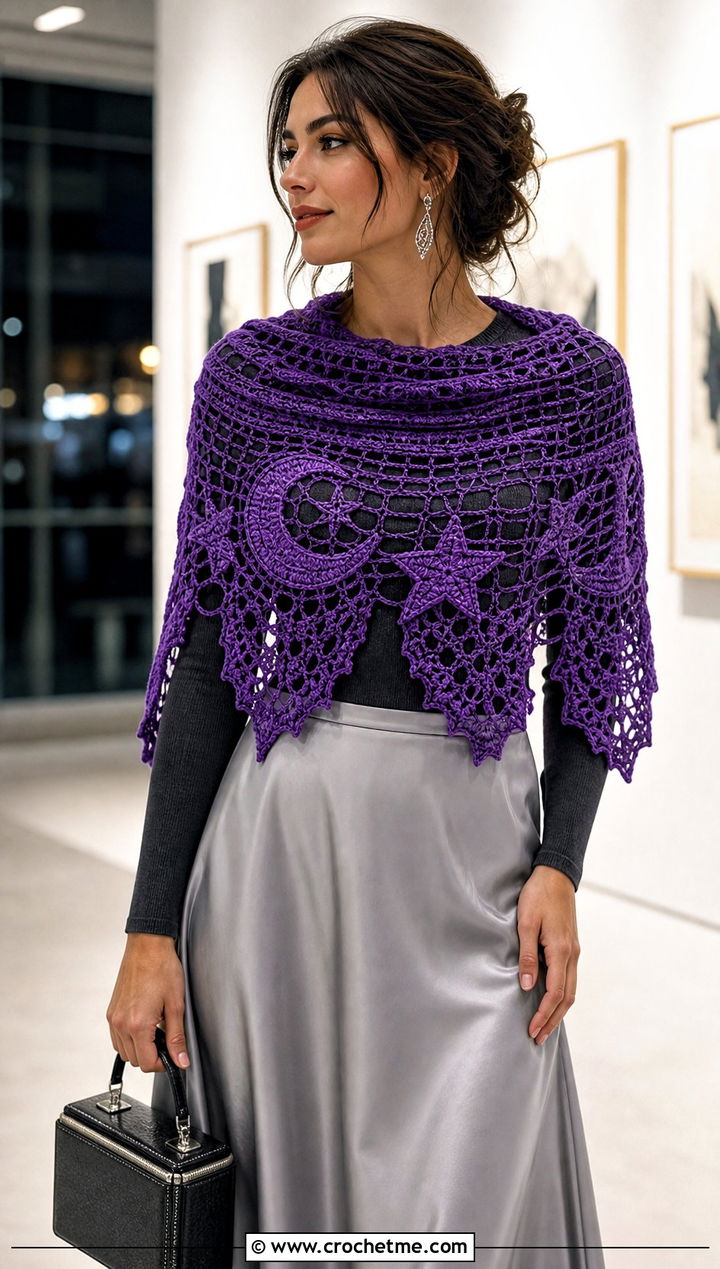 Celestial Half Circle Crochet Halloween Shawl With Satin Skirt - 20 Crochet Halloween Shawl outfit ideas