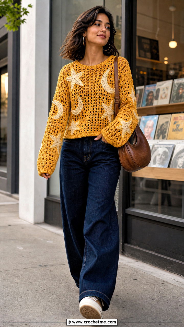 Celestial Star Sweater With Wide Leg Jeans - 35 crochet star sweater outfit ideas