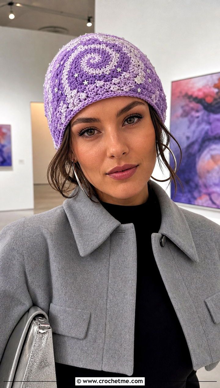 Celestial Swirl Beanie With Satin Skirt - 15 crochet swirl beanie outfit ideas