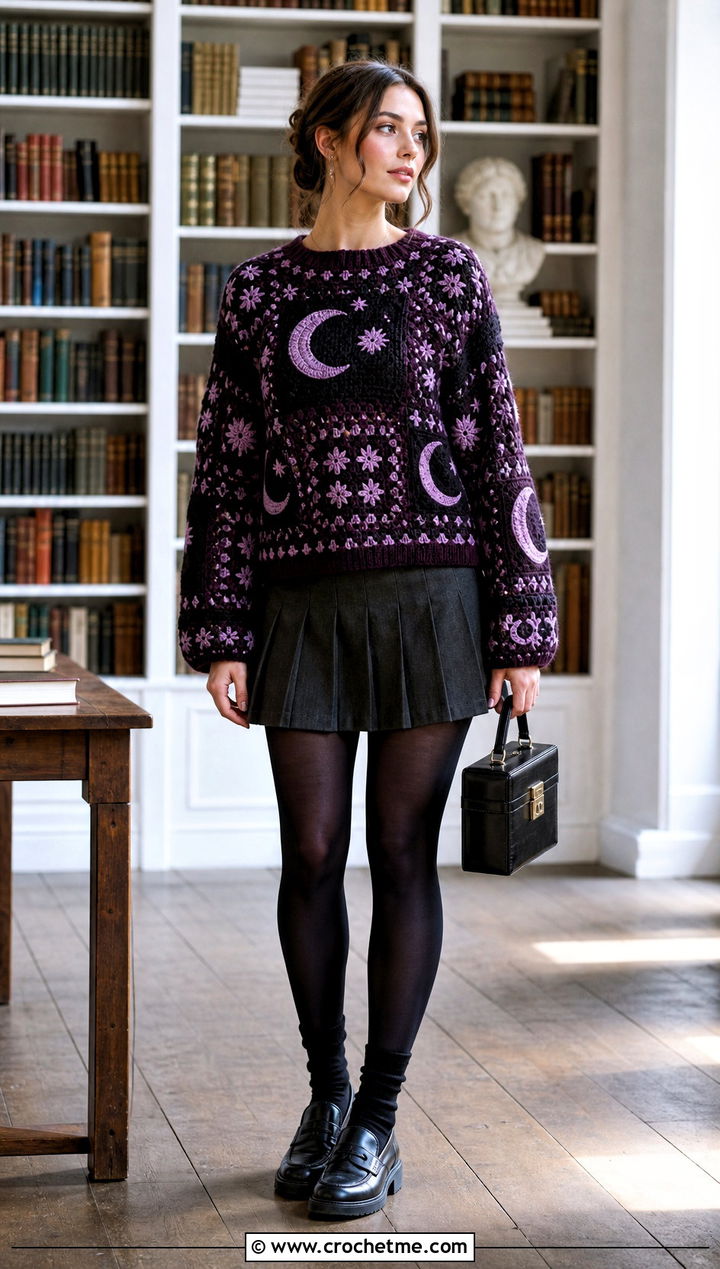 Celestial Tapestry Crochet Jumper With Pleated Mini Skirt - 30 Tapestry Crochet Jumper outfit ideas