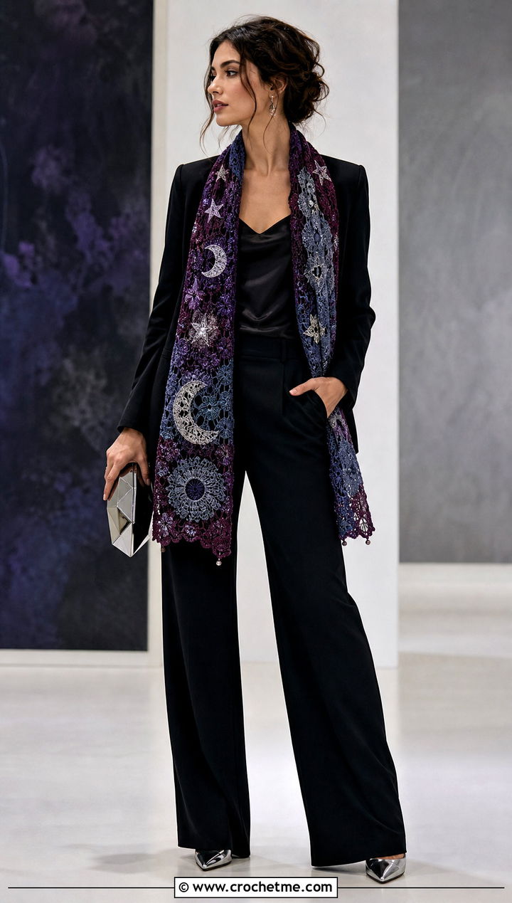 Celestial Tapestry Crochet Scarf With Evening Suit - 35 tapestry crochet scarf outfit ideas