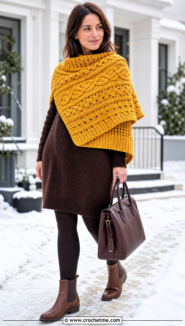 Celtic Aran Crochet Shawl With Sweater Dress And Chelsea Boots - 25 Celtic Crochet Shawl outfit ideas