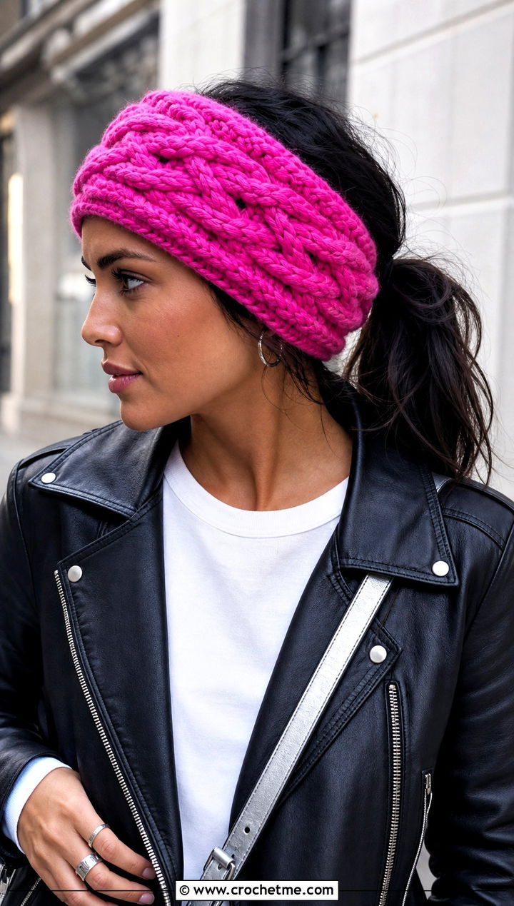 Celtic Cable Earwarmer With Leather Jacket and Black Jeans - 15 easy crochet cable headband earwarmer outfit ideas