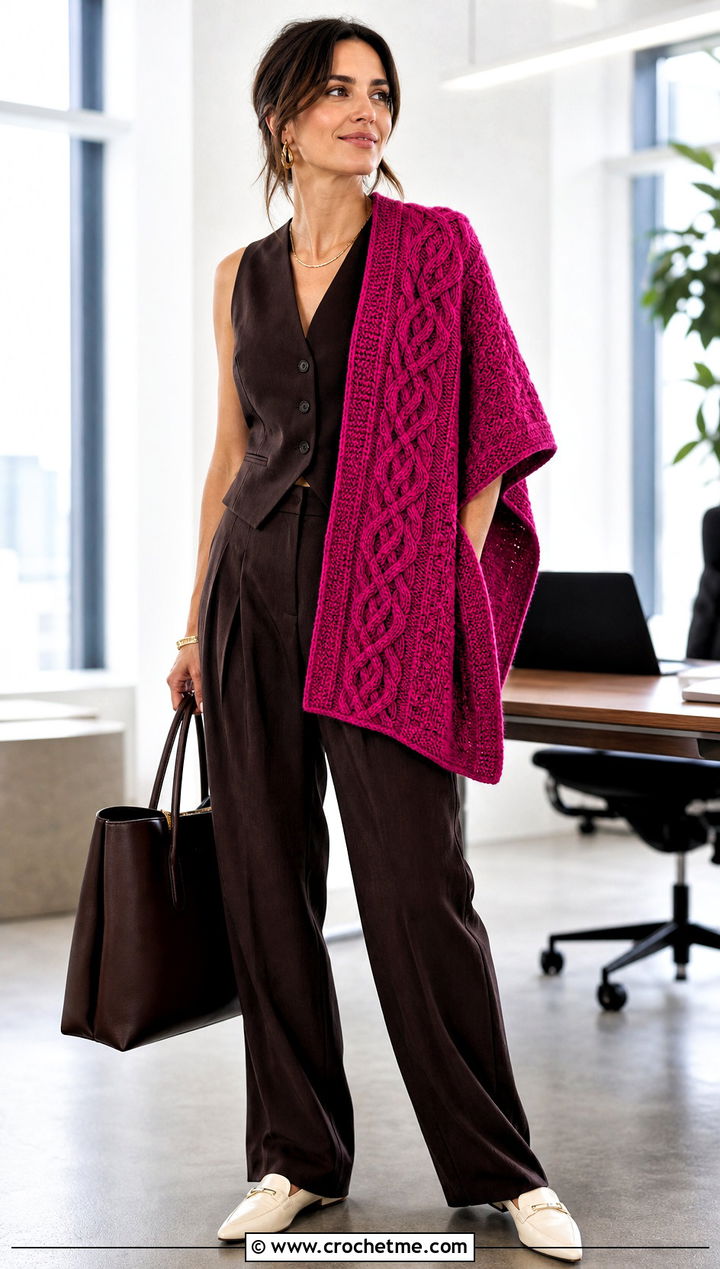 Celtic Cable Rectangle Crochet Shawl With Vest And Pleated Trousers - 25 Celtic Crochet Shawl outfit ideas