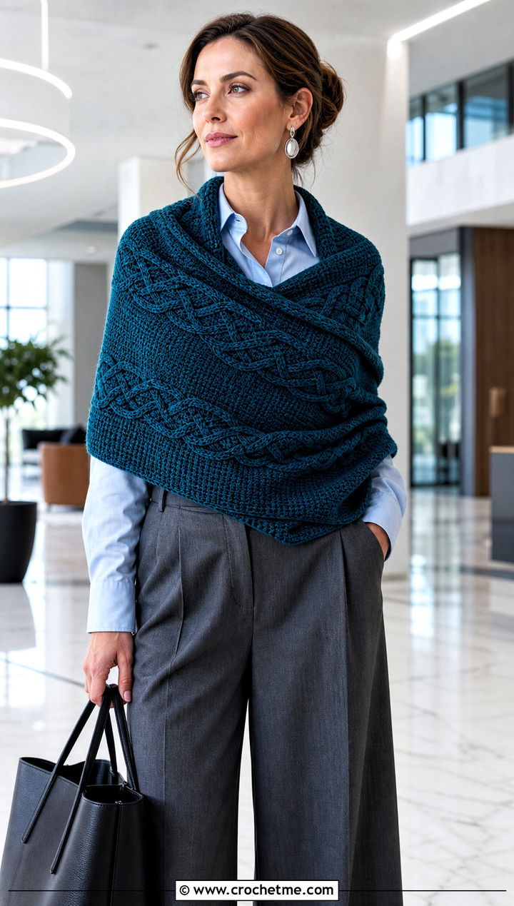 Celtic Cable Rectangular Wrap With Tailored Trousers - 15 Crochet Cable Shawl outfit ideas