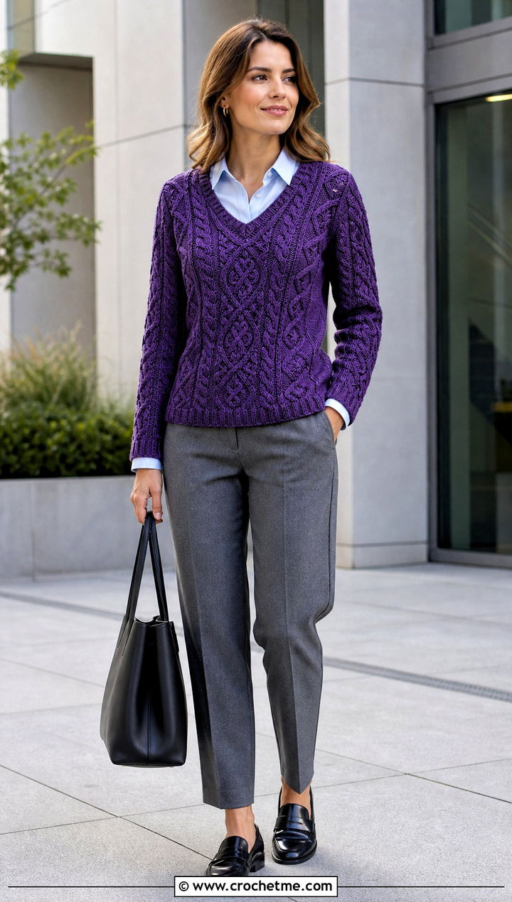 Celtic Cable V Neck Irish Sweater With Button Down Shirt - 25 Crochet Irish Sweater outfit ideas