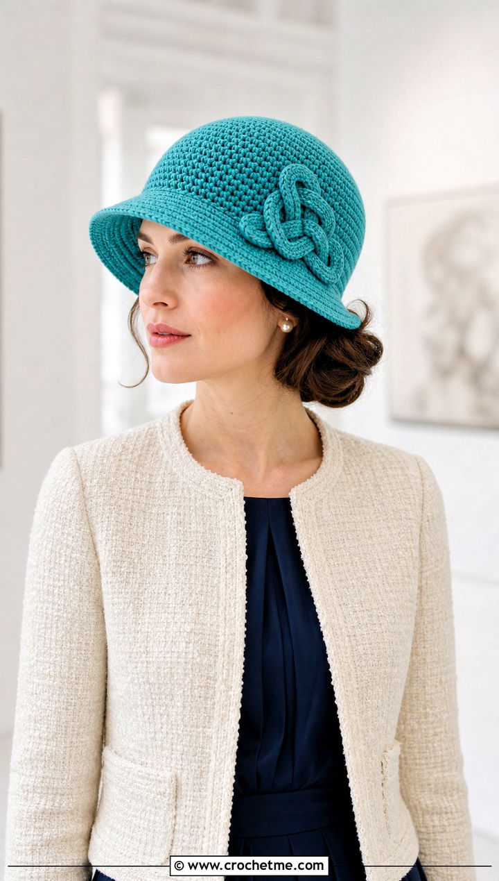 Celtic Knot Applique Cloche With Tweed Jacket And Midi Dress - 15 celtic crochet hat outfit ideas