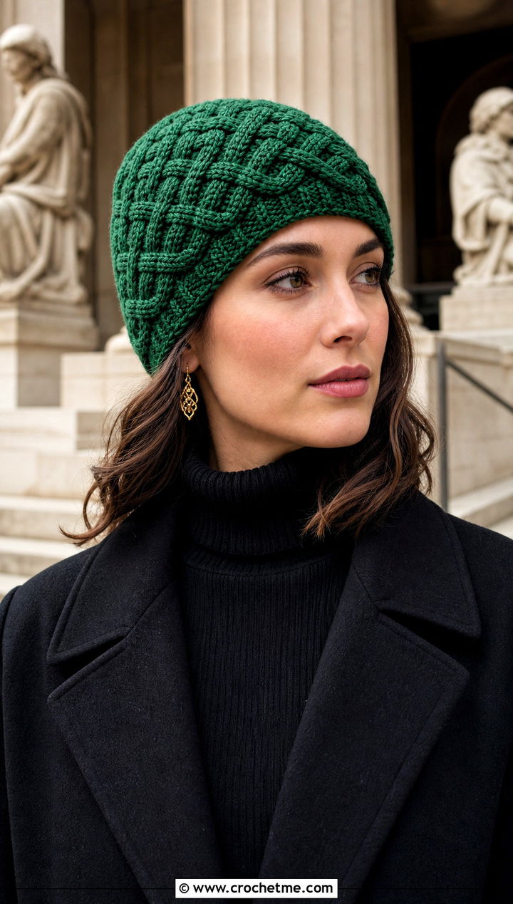 Celtic Knot Cable Crochet Beanie With Pleated Skirt - 15 cabled crochet beanie design outfit ideas