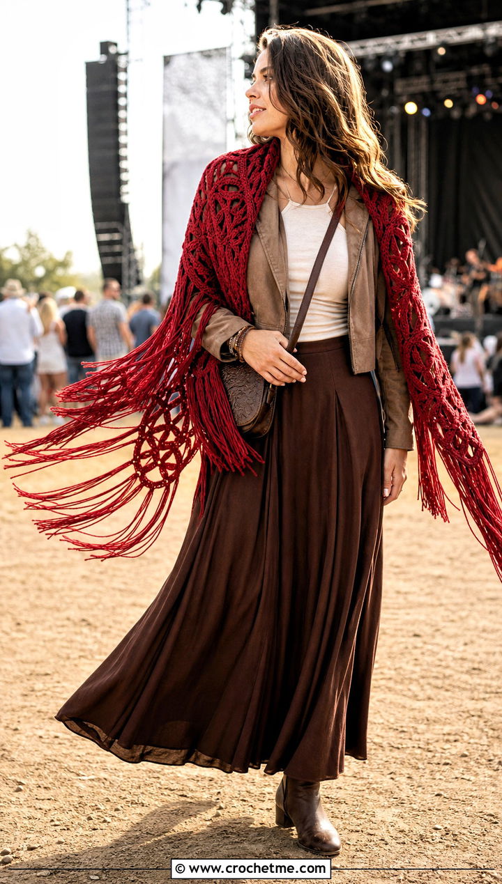 Celtic Knot Fringe Crochet Shawl With Suede Jacket And Maxi Skirt - 25 Celtic Crochet Shawl outfit ideas