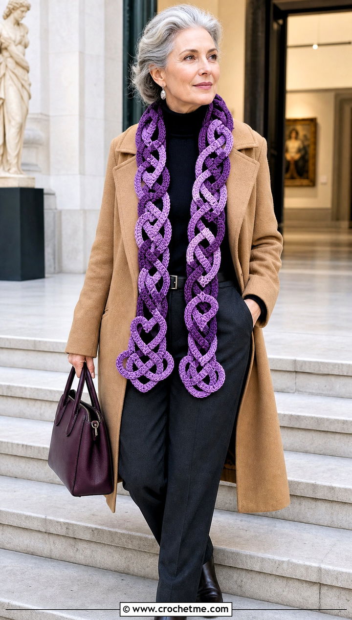 Celtic Knot Heart Scarf With Long Wool Coat - 25 crochet heart scarf outfit ideas