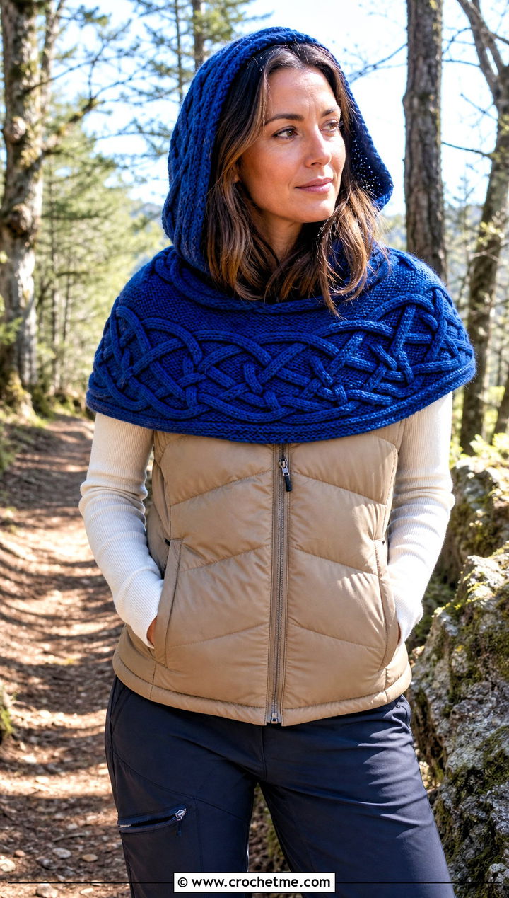 Celtic Knot Hooded Crochet Shawl With Puffer Vest And Hiking Boots - 25 Celtic Crochet Shawl outfit ideas