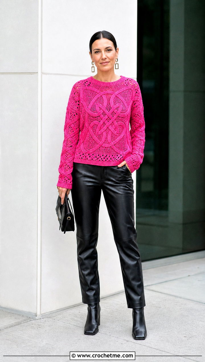 Celtic Knot Motif Crochet Sweater With Leather Pants - 15 Crochet Celtic Sweater outfit ideas