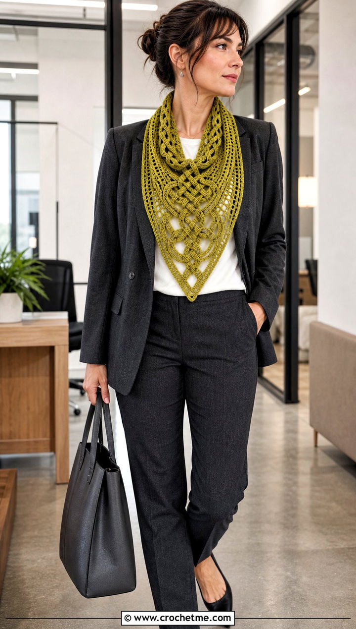 Celtic Knot Triangle Crochet Shawl With Blazer And Trousers - 25 Celtic Crochet Shawl outfit ideas