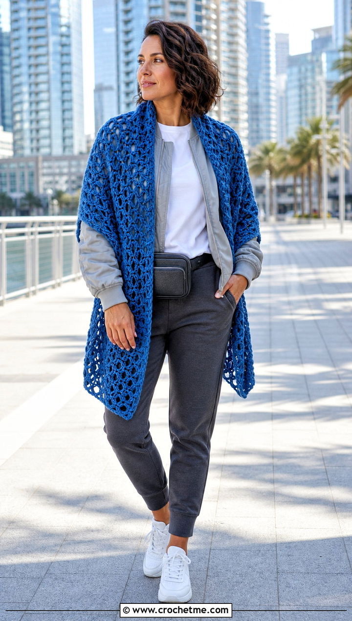Celtic Loop Stitch Crochet Shawl With Bomber Jacket And Track Pants - 25 Celtic Crochet Shawl outfit ideas